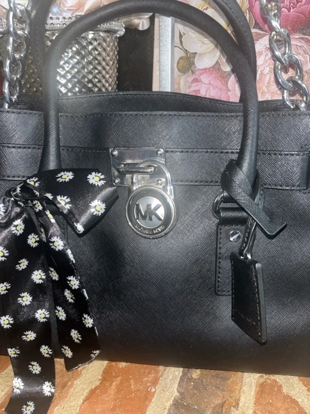 Michael Kors Black Saffiano Leather Satchel with Floral Scarf Accent - Picture 3 of 6